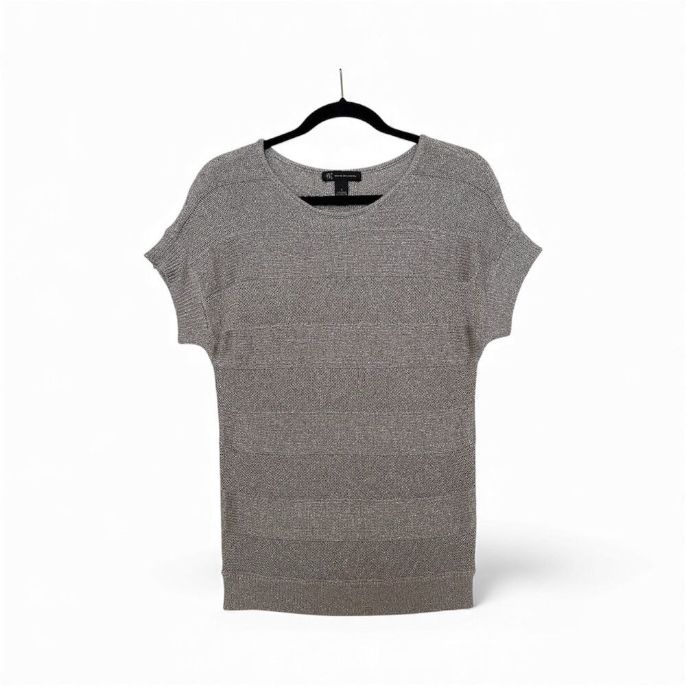 I.N.C. Gray and Metallic Silver Shimmer Sweater Top Short Sleeve Women's Small‎